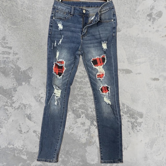 Denim - Women's Skinny Jeans Red Plaid Patch Distressed Mid-Rise Dark Blue Denim